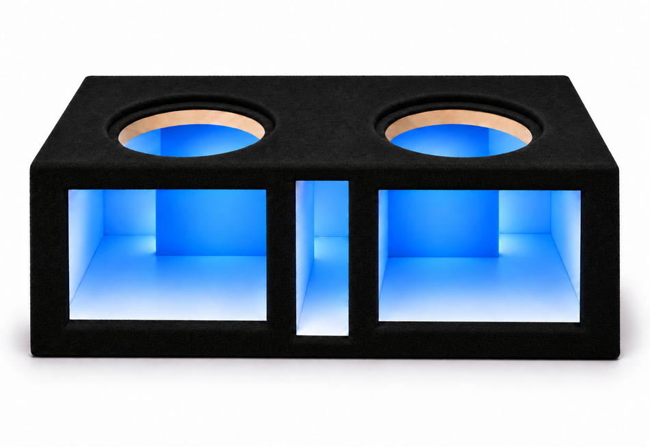 Atrend 10HH-DVL Heavy Hitter LED black-carpet enclosure with acrylic windows and multicolor LED lighting shown in blue
