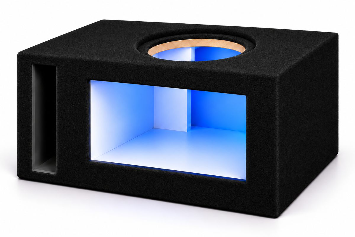 Atrend 10HH-SVL Heavy Hitter LED black-carpet enclosure with acrylic windows and multicolor LED lighting shown in blue