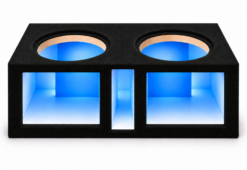 Atrend 15HH-DVL Heavy Hitter LED black-carpet enclosure with acrylic windows and multicolor LED lighting shown in blue