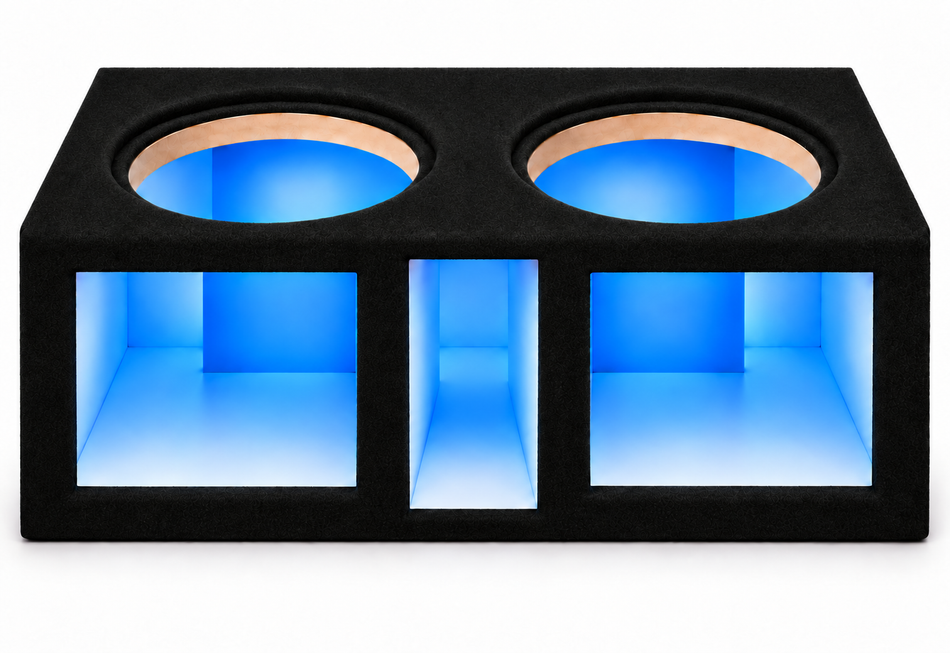 Atrend 18HH-DVL dual 18-inch Heavy Hitter LED subwoofer enclosure with black carpet, acrylic windows and blue lighting