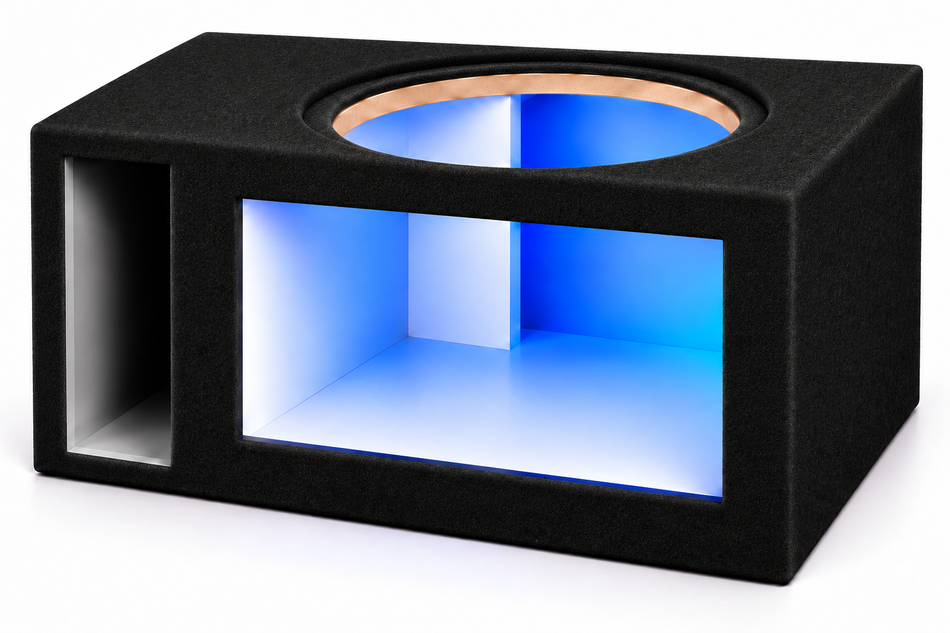 Atrend 18HH-SVL single 18-inch Heavy Hitter LED enclosure with black carpet, acrylic window and multicolor interior lighting shown in blue