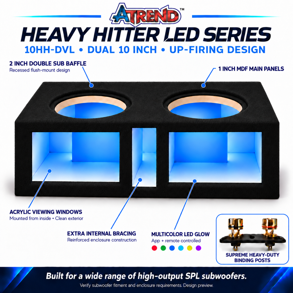 Atrend 10HH-DVL Heavy Hitter LED features including acrylic windows, multicolor app and remote controlled LED lighting and a double MDF baffle