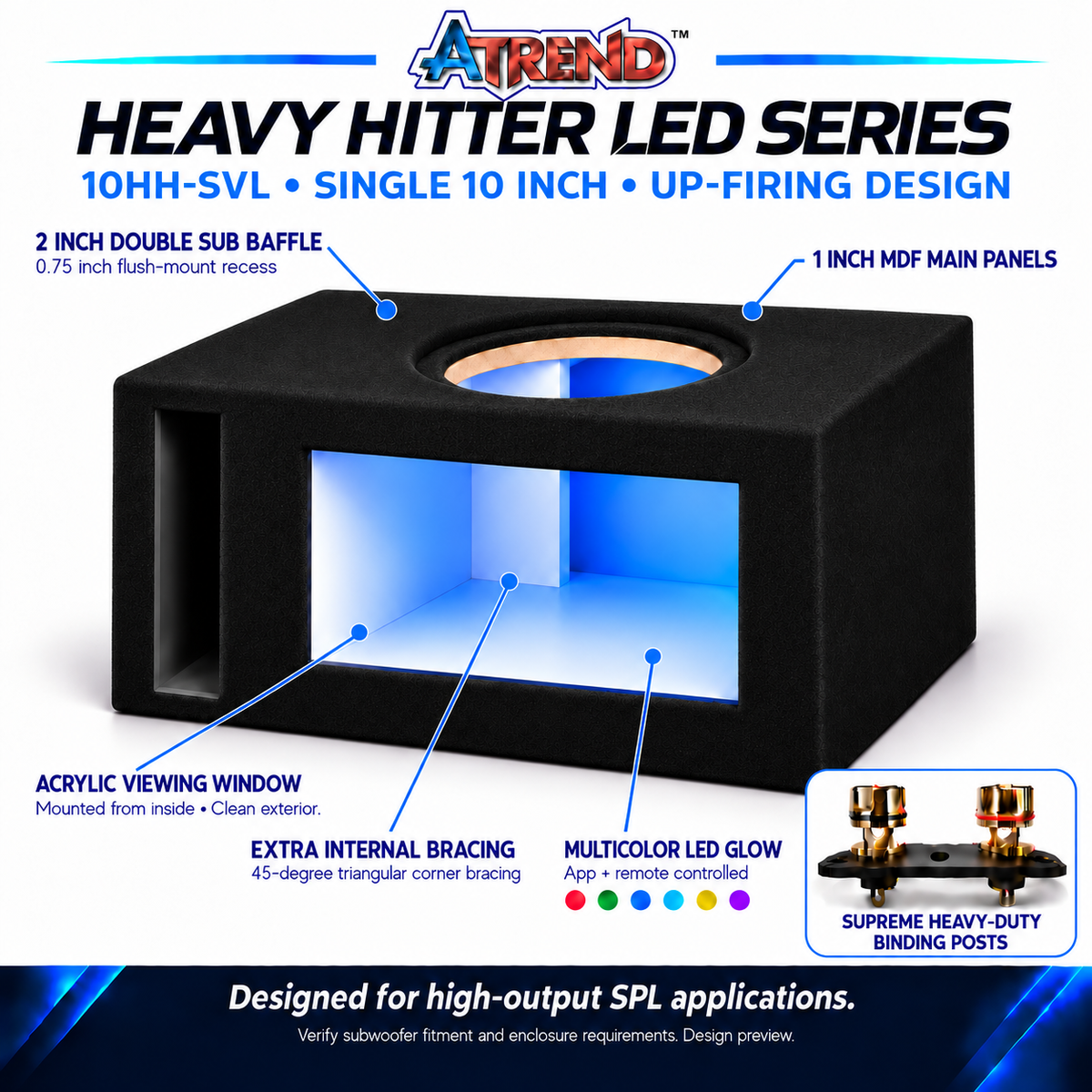 Atrend 10HH-SVL Heavy Hitter LED features including acrylic windows, multicolor app and remote controlled LED lighting and a double MDF baffle
