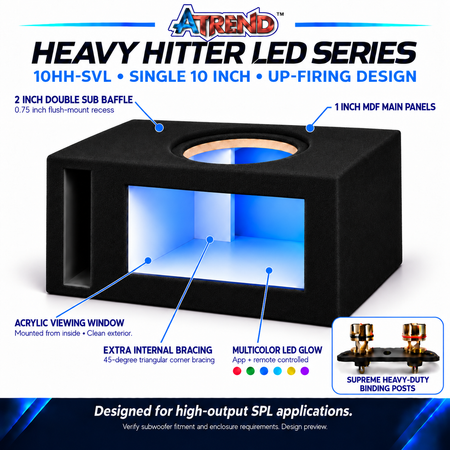 Atrend 10HH-SVL Heavy Hitter LED features including acrylic windows, multicolor app and remote controlled LED lighting and a double MDF baffle