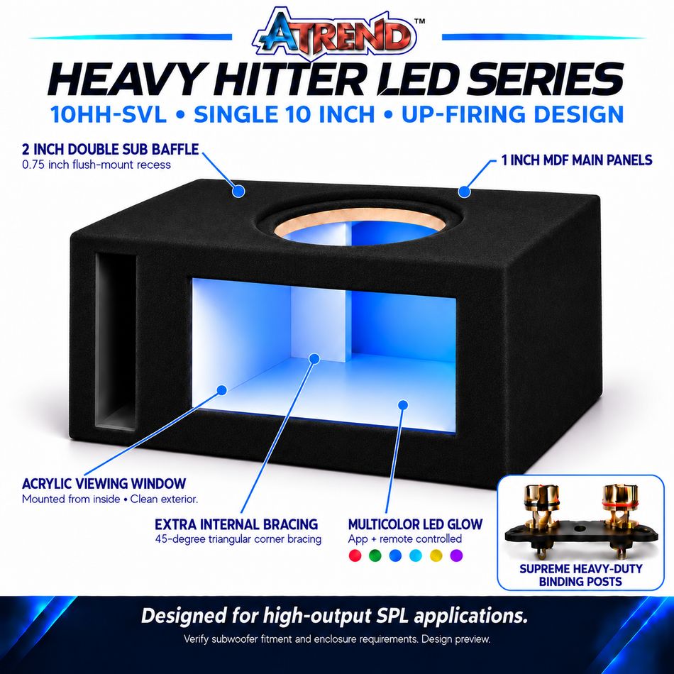 Atrend 10HH-SVL Heavy Hitter LED features including acrylic windows, multicolor app and remote controlled LED lighting and a double MDF baffle