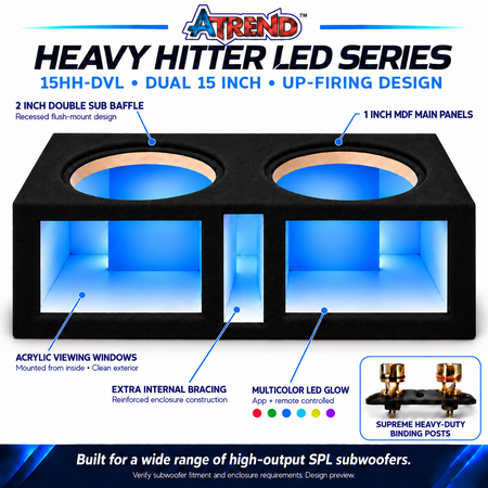 Atrend 15HH-DVL Heavy Hitter LED features including acrylic windows, multicolor app and remote controlled LED lighting and a double MDF baffle