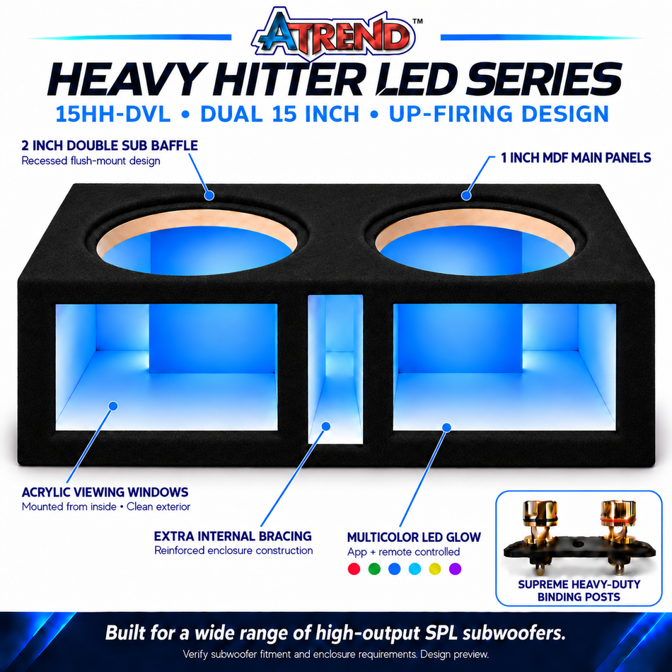 Atrend 15HH-DVL Heavy Hitter LED features including acrylic windows, multicolor app and remote controlled LED lighting and a double MDF baffle