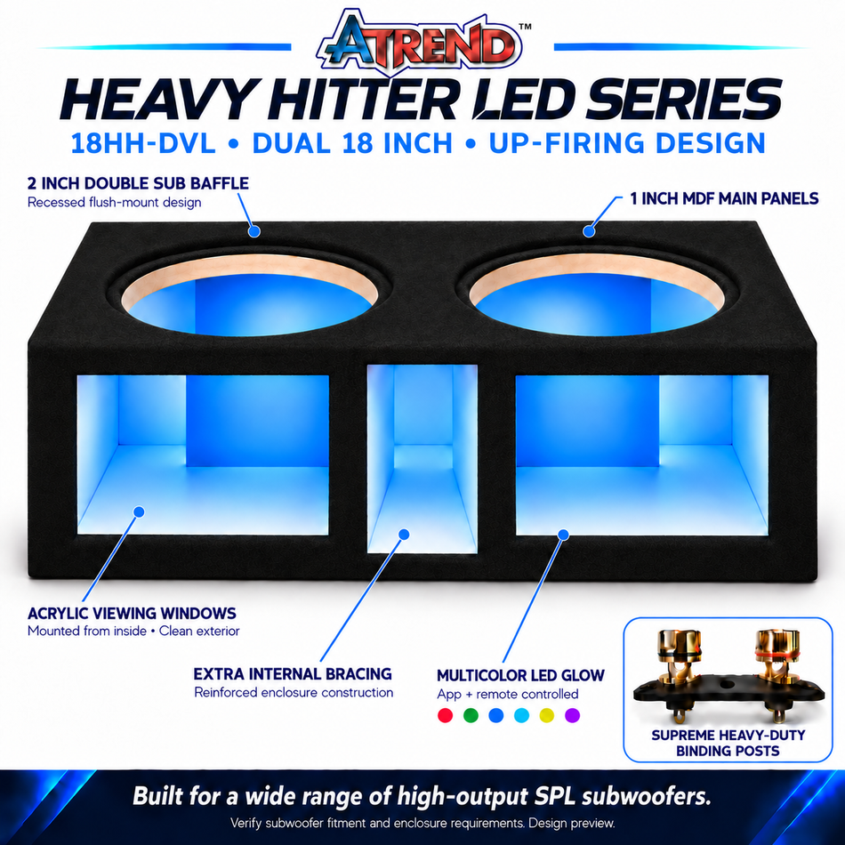 Atrend 18HH-DVL dual 18-inch enclosure feature card: multicolor LED lighting, acrylic windows, double MDF baffle and Supreme terminal cup