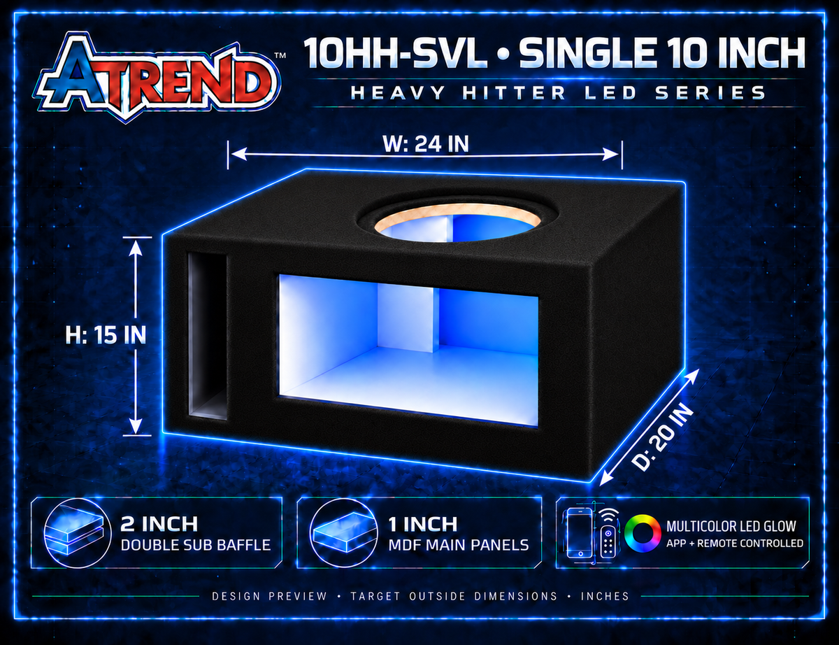 Atrend 10HH-SVL Heavy Hitter LED outside dimension diagram and construction details