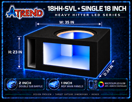Atrend 18HH-SVL dimension graphic: 35 inches wide, 23 inches high and 24 inches deep, with double baffle and LED control callouts