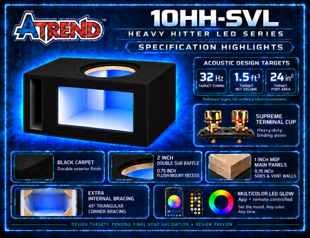 Atrend 10HH-SVL Heavy Hitter LED specification highlights for tuning, net volume, port area, MDF construction and internal triangular bracing