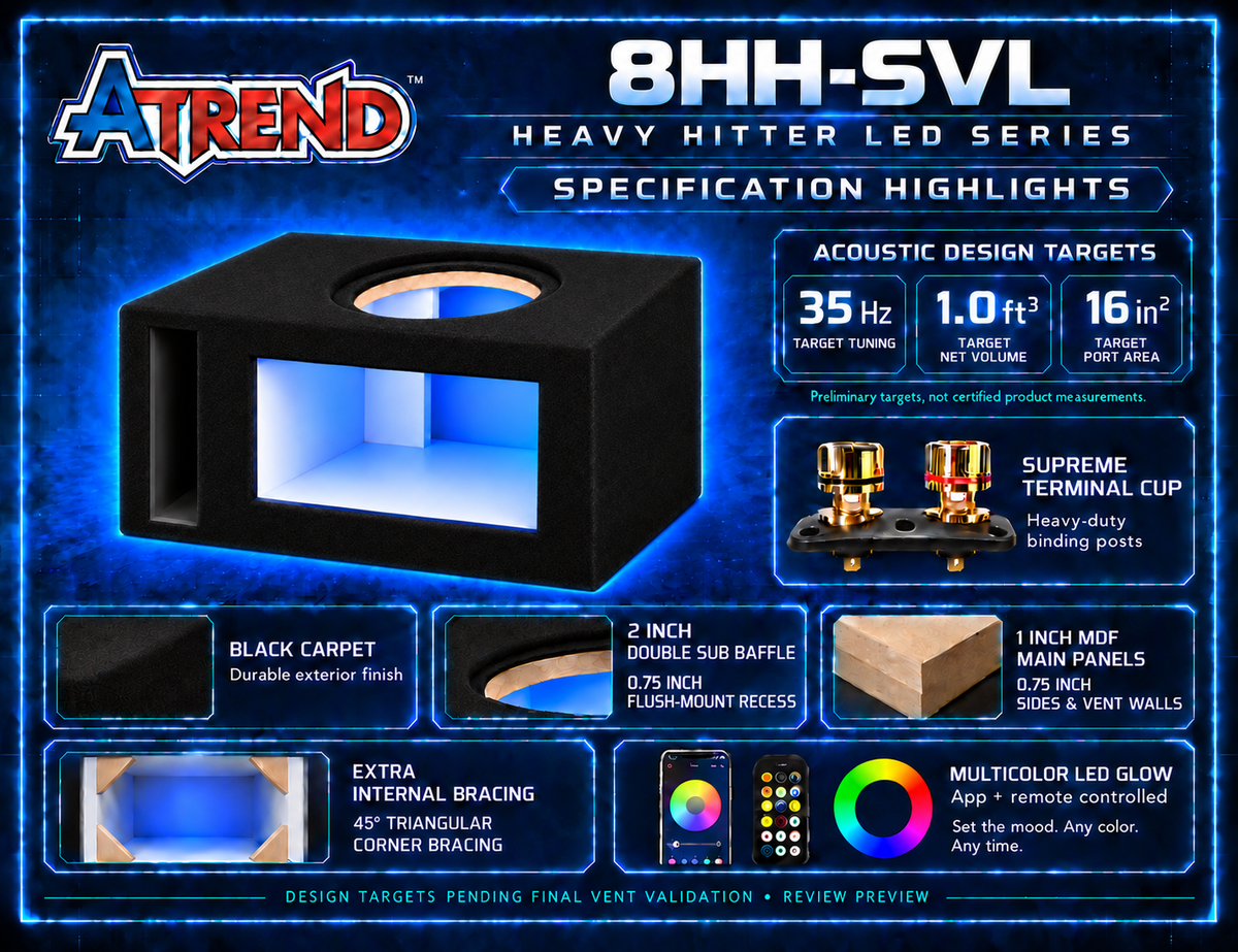 8HH-SVL | Heavy Hitter LED Single 8-Inch Vented Subwoofer Enclosure