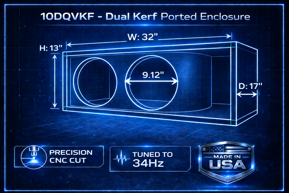 10 in Dual Kerf-Vented Enclosure- all 3/4 inch USA built Subwoofer Enclosure Precision CNC-Cut, Premium MDF Construction. Proudly USA Made.