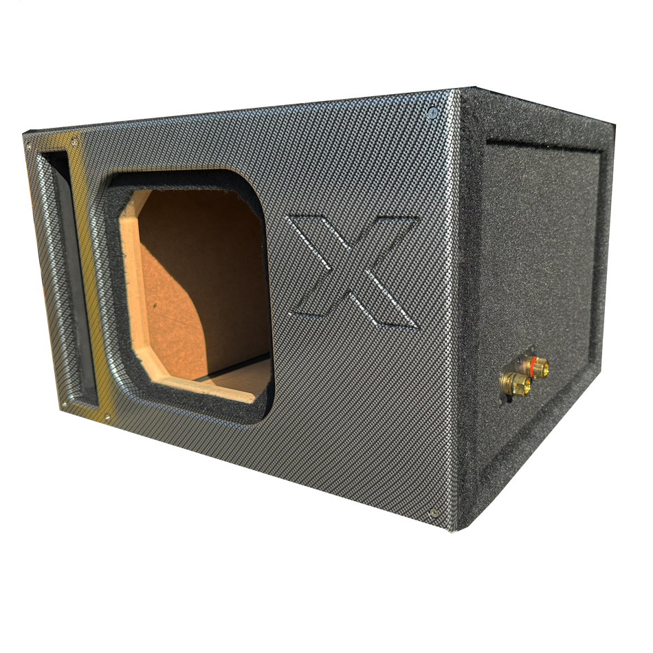 10" Single Vented SOLO X Sub Box – ALL 1" MDF – Black Super Weave Carbon Fiber Faceplate