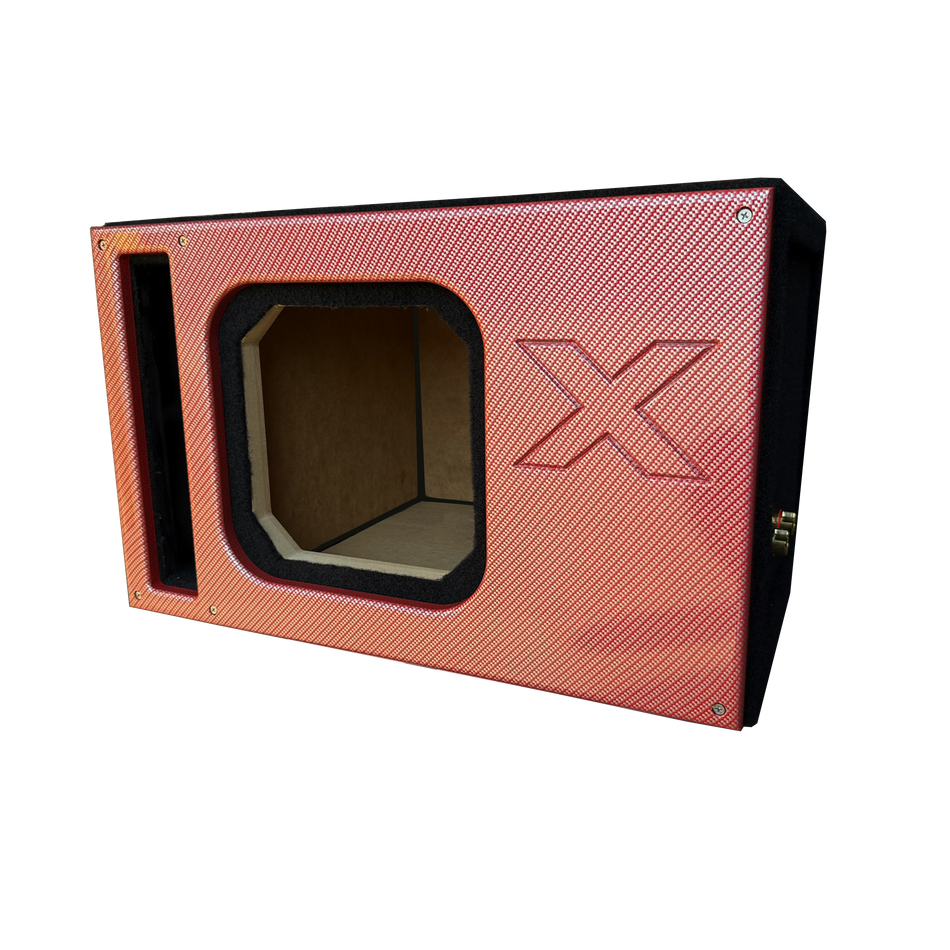 10" Single Vented SOLO X Sub Box – ALL 1" MDF – Red Super Weave Carbon Fiber Faceplate