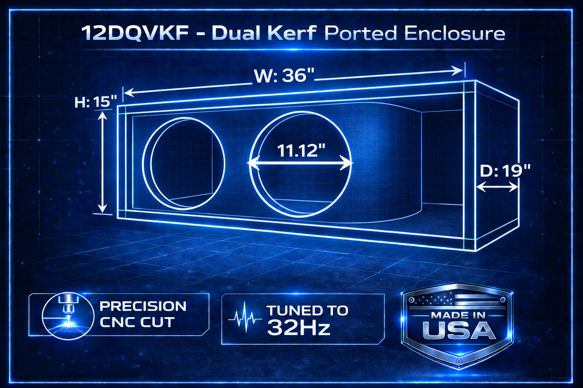 12 in Dual Kerf-Vented Enclosure- all 3/4 inch USA built Subwoofer Enclosure Precision CNC-Cut, Premium MDF Construction. Proudly USA Made.