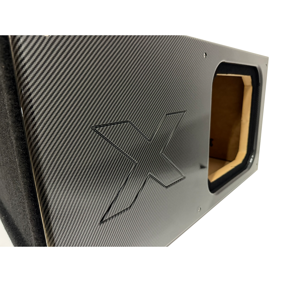 15" Single Vented SOLO X Sub Box – ALL 1" MDF – Black Super Weave Carbon Fiber Faceplate