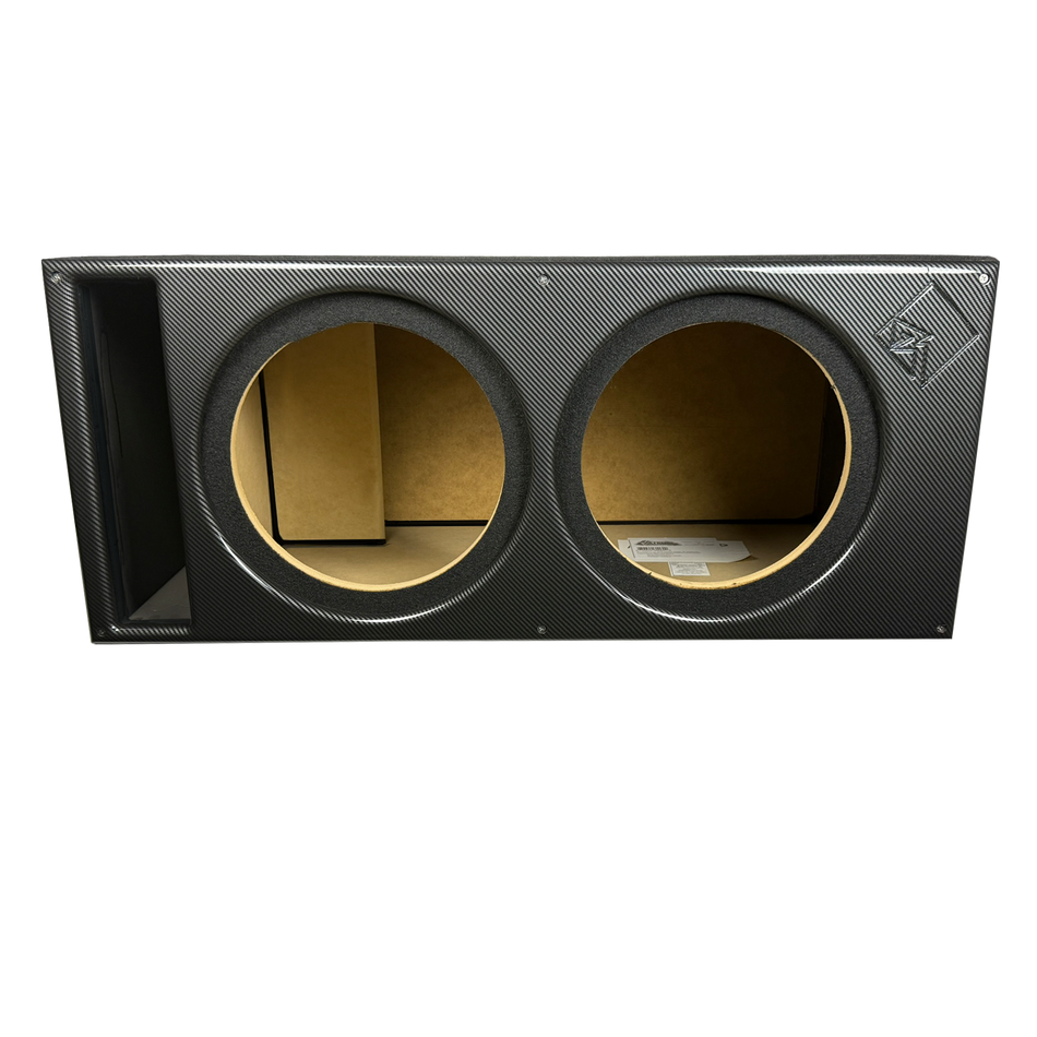 12 in Dual Vented Power T1 Enclsoure -Premium Black Carbon Fiber Super Weave Pattern Faceplate, Supreme Terminal Cup - Proudly USA Built.