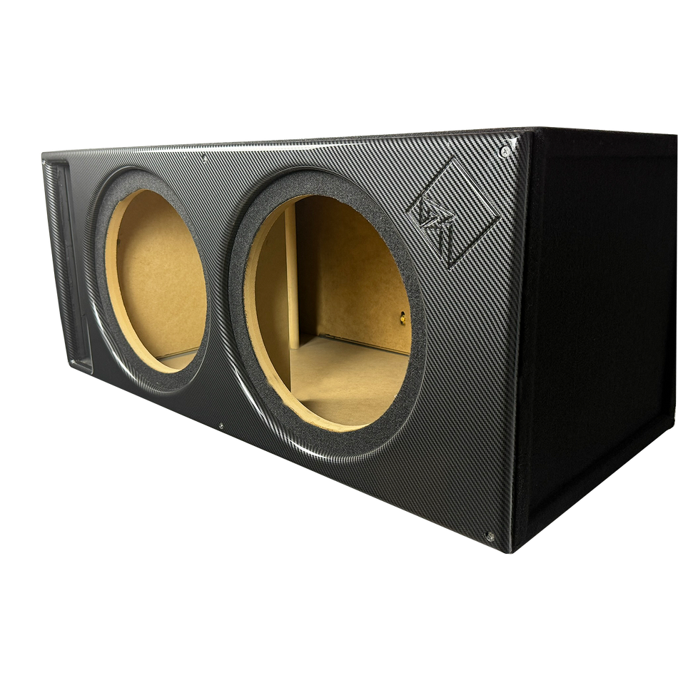 12 in Dual Vented Power T1 Enclsoure -Premium Black Carbon Fiber Super Weave Pattern Faceplate, Supreme Terminal Cup - Proudly USA Built.