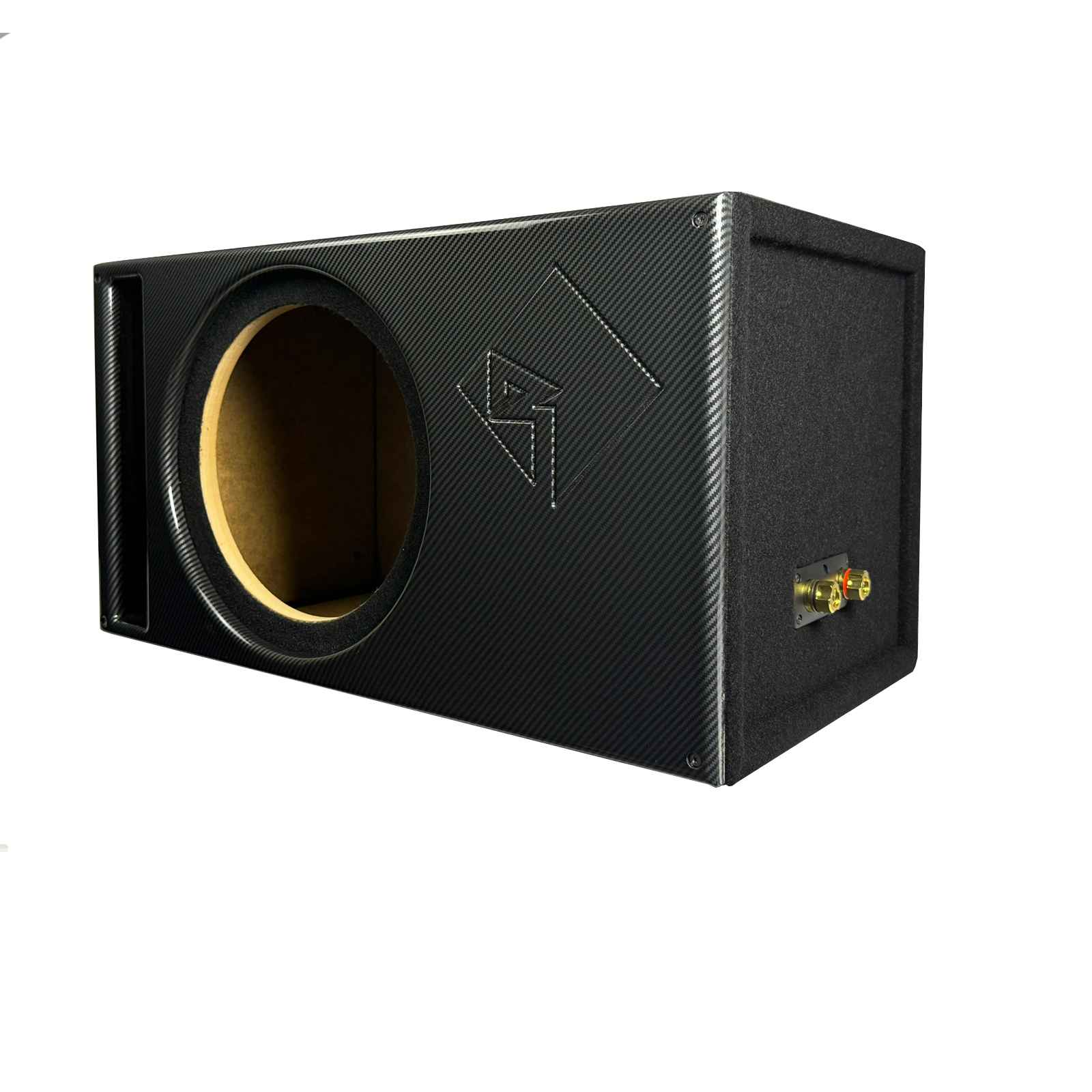 12 in Single Vented Power T1 Enclosure - Premium Black Carbon Fiber Super Weave Pattern Faceplate, Supreme Terminal Cup - Proudly USA Built.