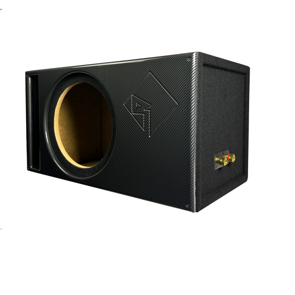 12 in Single Vented Power T1 Enclosure - Premium Black Carbon Fiber Super Weave Pattern Faceplate, Supreme Terminal Cup - Proudly USA Built.