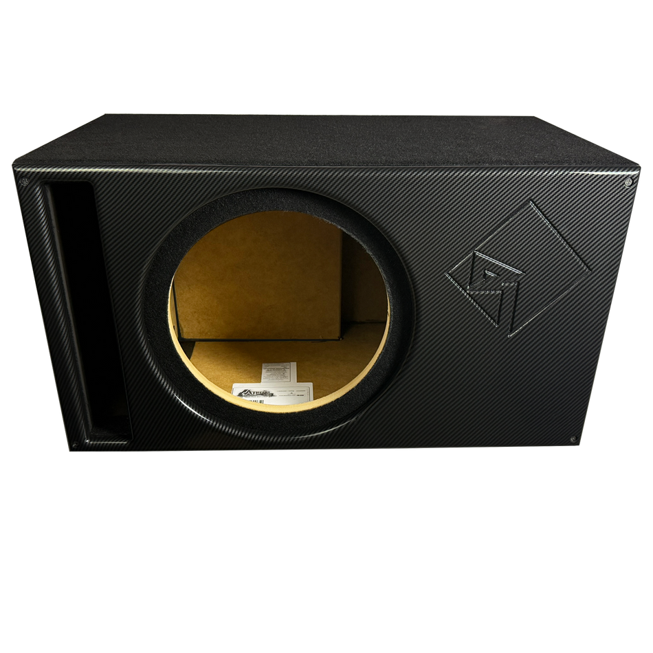 12 in Single Vented Power T1 Enclosure - Premium Black Carbon Fiber Super Weave Pattern Faceplate, Supreme Terminal Cup - Proudly USA Built.