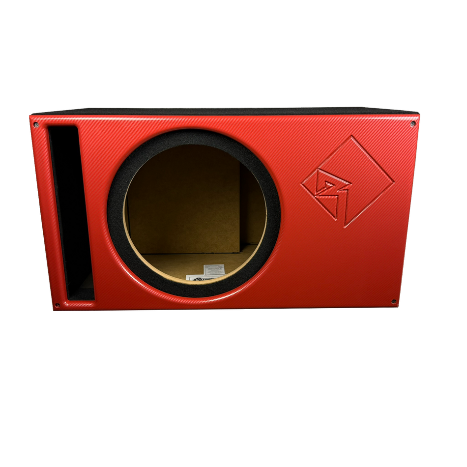 12 in Single Vented Power T1 Enclosure - Premium Red Carbon Fiber Super Weave Pattern Faceplate, Supreme Terminal Cup - Proudly USA Built.