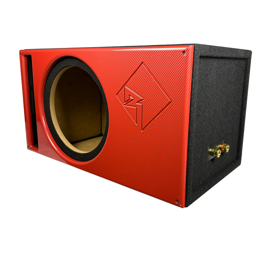 12 in Single Vented Power T1 Enclosure - Premium Red Carbon Fiber Super Weave Pattern Faceplate, Supreme Terminal Cup - Proudly USA Built.
