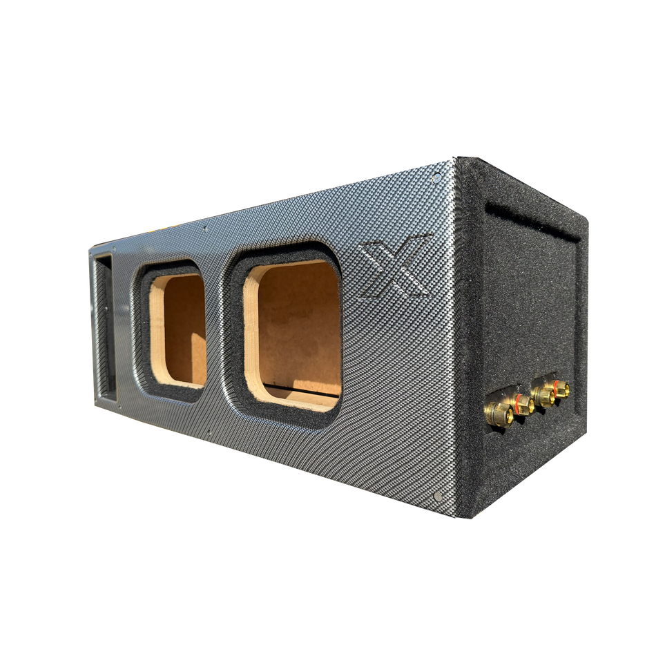 10" Dual Vented SOLO X Sub Box – ALL 1" MDF – Black Super Weave Carbon Fiber Faceplate